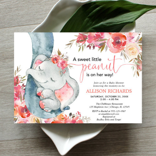 Elephant baby shower girl coral floral watercolos