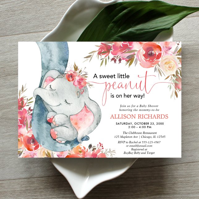 Elephant baby shower girl coral floral watercolos invitation