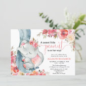 Elephant baby shower girl coral floral watercolos invitation (Standing Front)