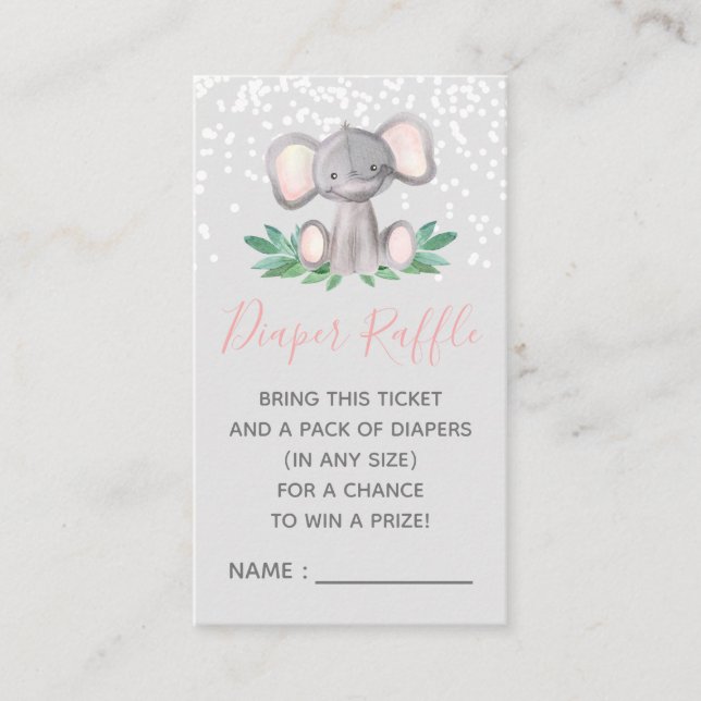 Elephant Baby Shower Girl Diaper Raffle Ticket Enclosure Card (Front)