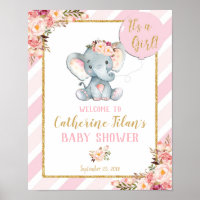 Elephant Baby Shower Girl Pink Welcome Poster Sign