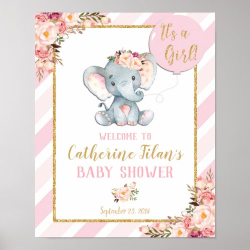 Elephant Baby Shower Girl Pink Welcome Poster Sign