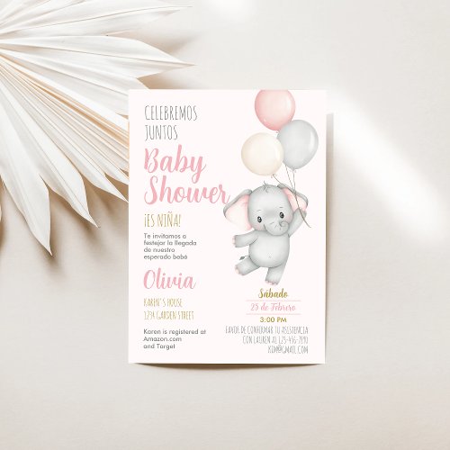 Elephant Baby Shower Girl Spanish Invitation