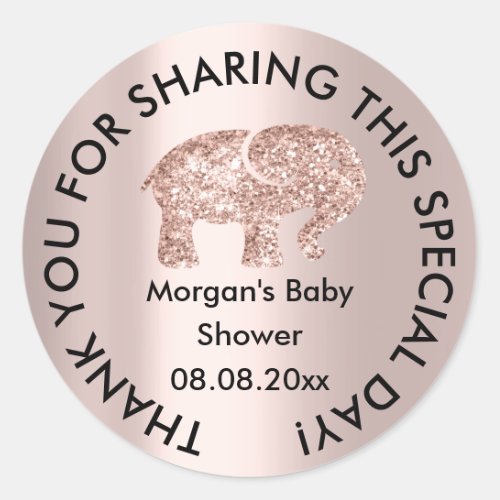Elephant Baby Shower Glitter Thank Modern Rose Classic Round Sticker