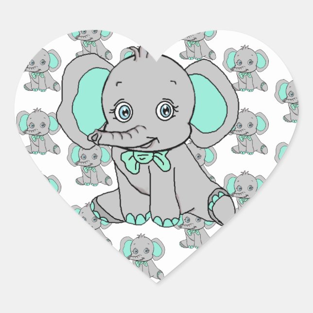 Elephant Baby Shower Gray and Teal Heart Sticker (Front)