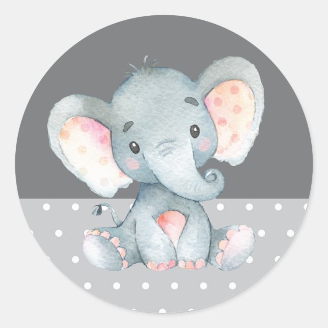 Elephant Baby Shower Gray Classic Round Sticker (Front)