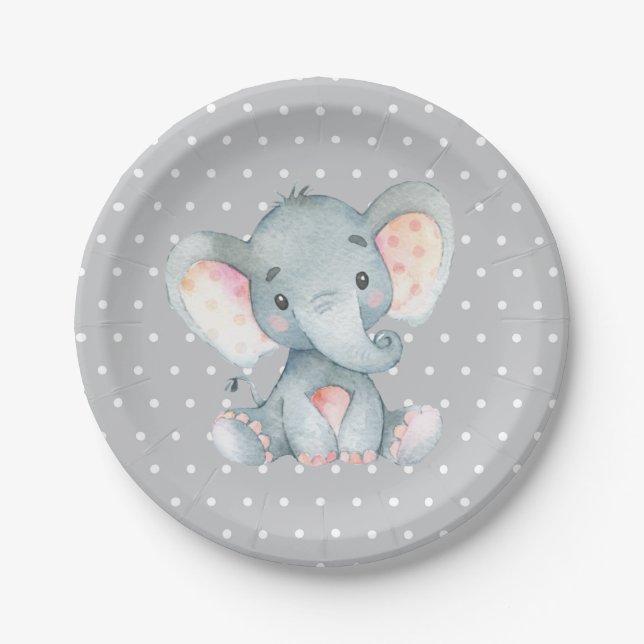 Elephant Baby Shower Gray Paper Plate (Front)