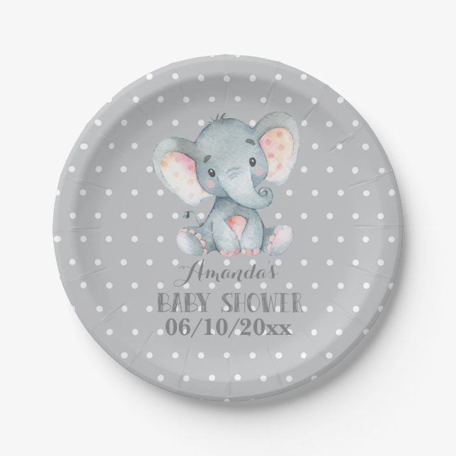 Elephant Baby Shower Gray Paper Plate (Front)