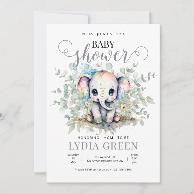 Elephant Baby Shower greenery boy baby shower Invitation (Front)