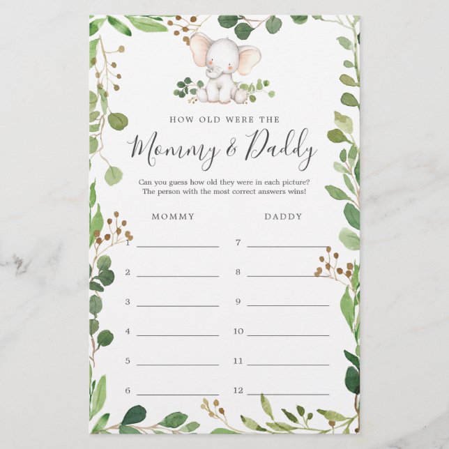 Elephant Baby Shower How Old Were They Game Card (Front)