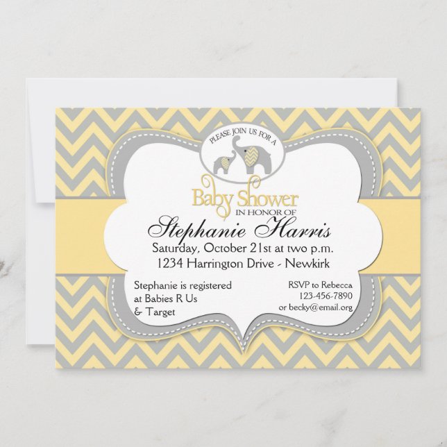 Elephant Baby Shower in Chevron Yellow and Gray Invitation (Front)