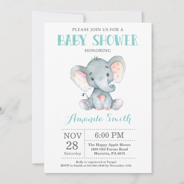 Elephant Baby Shower Invitation Aqua and Gray (Front)