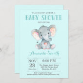 Elephant Baby Shower Invitation Aqua and Gray (Front/Back)