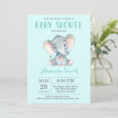 Elephant Baby Shower Invitation Aqua and Gray (Standing Front)