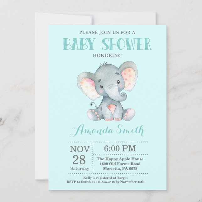 Elephant Baby Shower Invitation Aqua and Gray (Front)