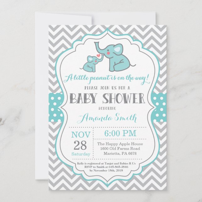 Elephant Baby Shower Invitation Aqua and Gray (Front)