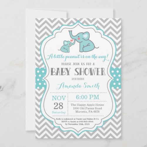 Elephant Baby Shower Invitation Aqua and Gray