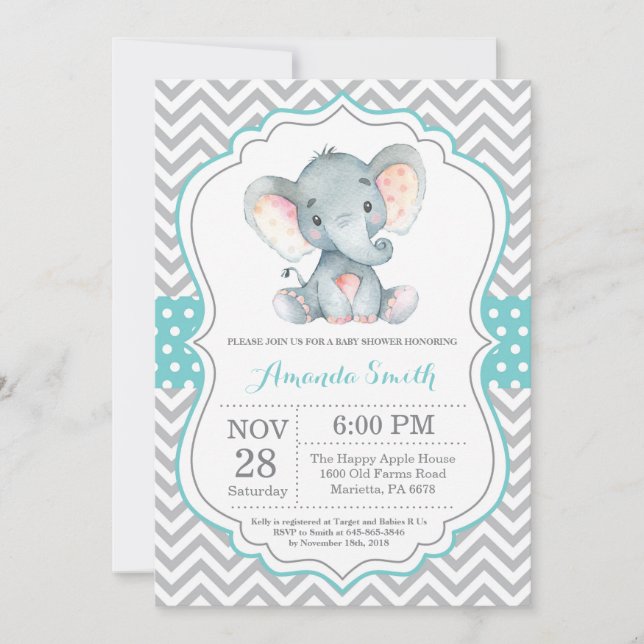 Elephant Baby Shower Invitation Aqua and Gray (Front)