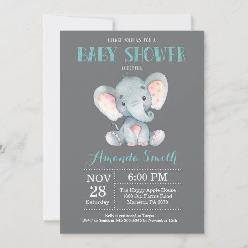 Elephant Baby Shower Invitation Aqua and Gray