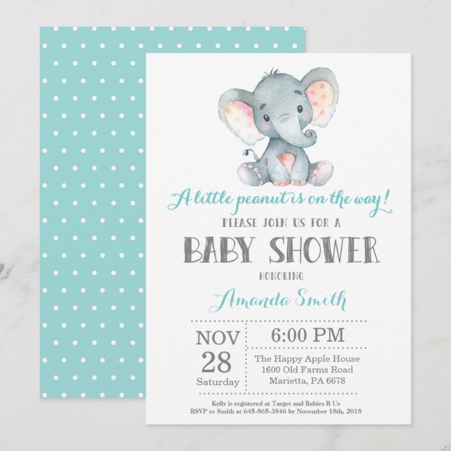 Elephant Baby Shower Invitation Aqua and Gray (Front/Back)