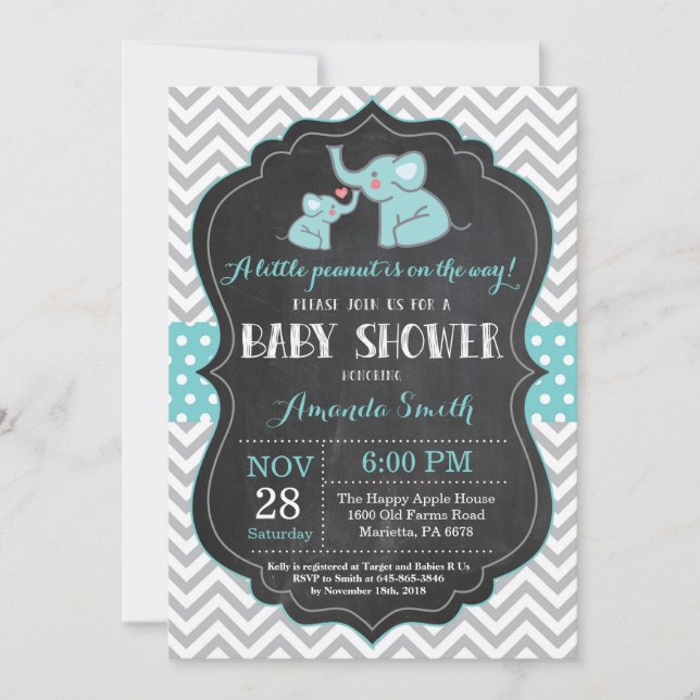 Elephant Baby Shower Invitation Aqua and Gray (Front)