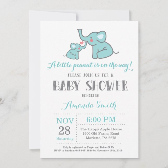 Elephant Baby Shower Invitation Aqua and Gray (Front)