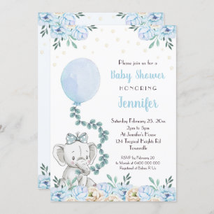 Elephant Baby Shower Invitation Balloons Blue Baby
