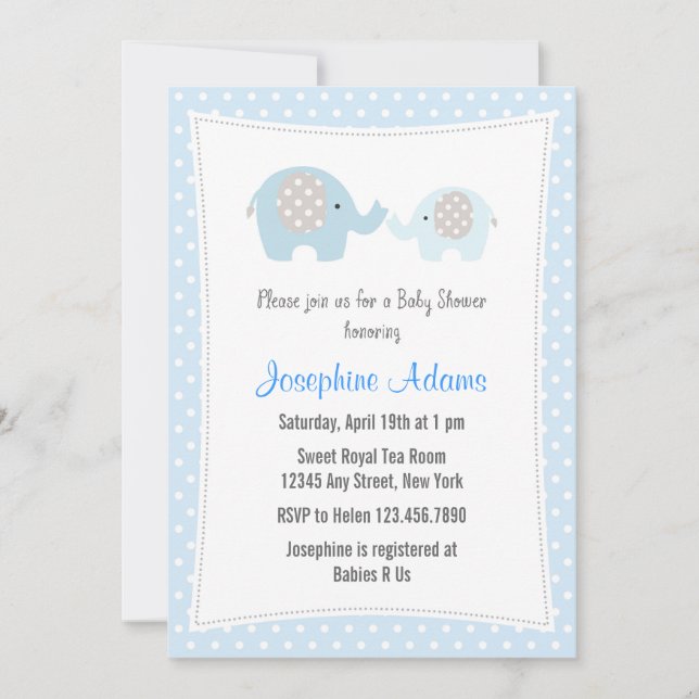 Elephant Baby Shower Invitation Blue (Front)