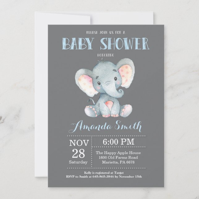 Elephant Baby Shower Invitation Blue and Gray (Front)