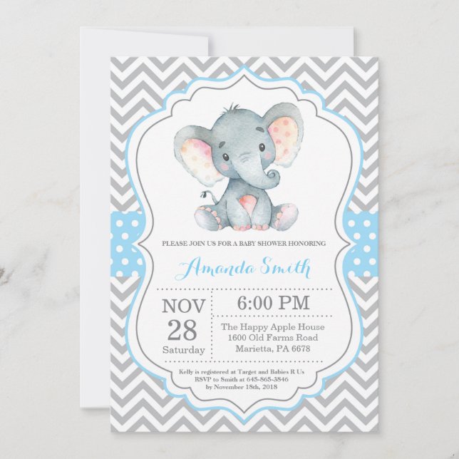 Elephant Baby Shower Invitation Blue and Gray (Front)