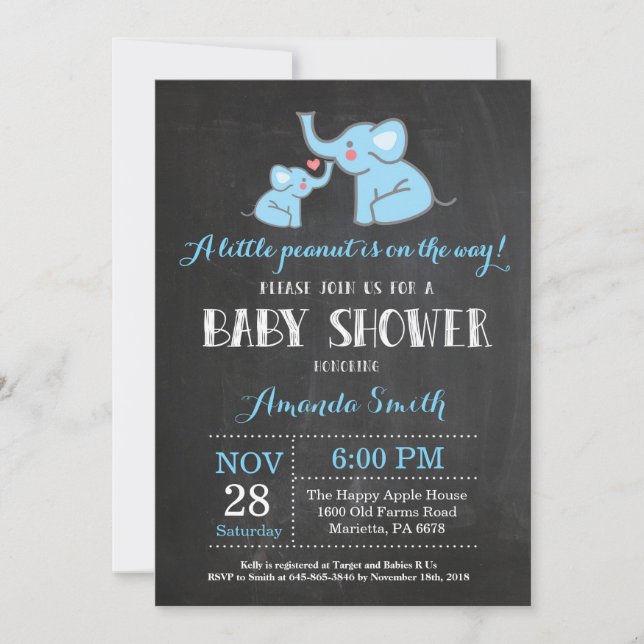 Elephant Baby Shower Invitation Blue and Gray (Front)