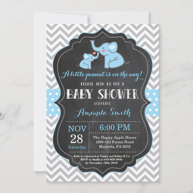 Elephant Baby Shower Invitation Blue and Gray (Front)