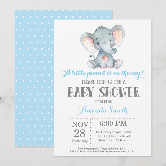Elephant Baby Shower Invitation Blue and Gray (Front/Back)