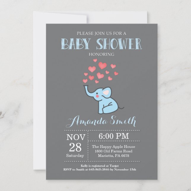 Elephant Baby Shower Invitation Blue and Gray Boy (Front)