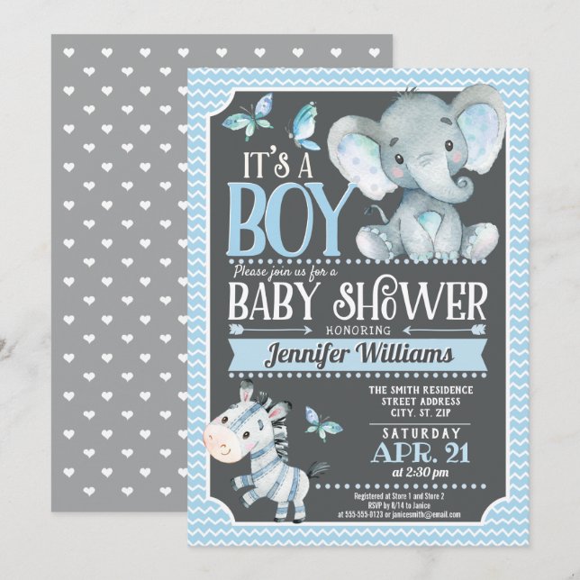 Elephant Baby Shower Invitation, Blue and Gray Invitation (Front/Back)