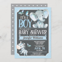 Elephant Baby Shower Invitation, Blue and Gray Invitation