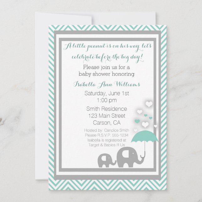 Elephant Baby Shower Invitation- Blue and Gray Invitation (Front)