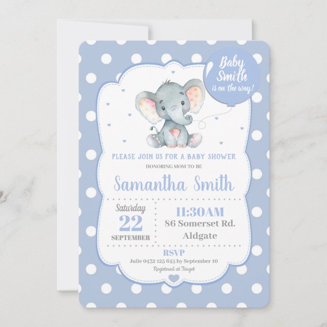 Elephant Baby Shower Invitation Blue Polka Dot Boy (Front)