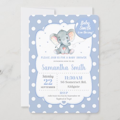 Elephant Baby Shower Invitation Blue Polka Dot Boy