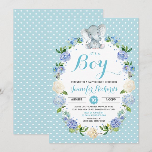 Elephant Baby Shower Invitation Boy Baby Shower (Front/Back)