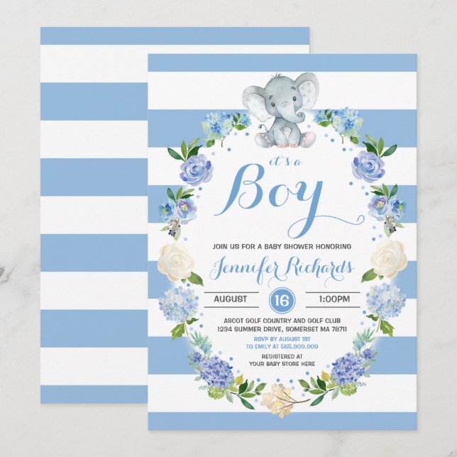 Elephant Baby Shower Invitation Boy Baby Shower (Front/Back)
