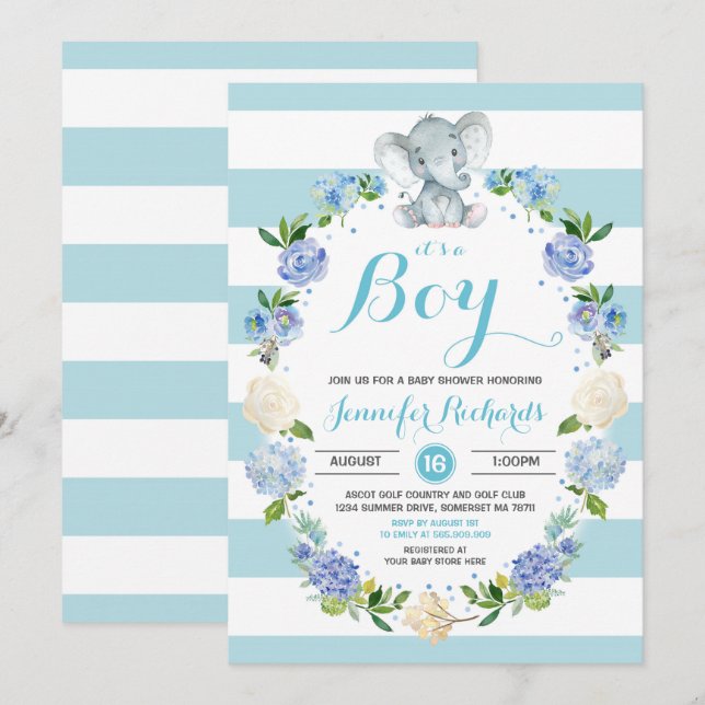 Elephant Baby Shower Invitation Boy Baby Shower (Front/Back)