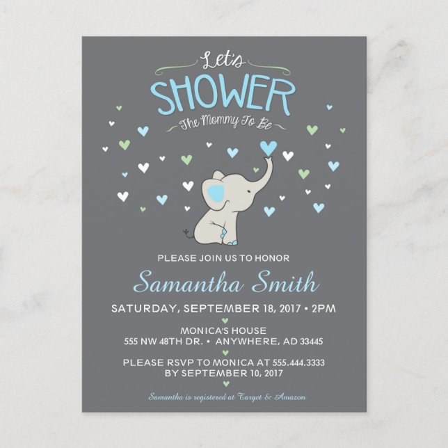 Elephant Baby Shower Invitation, Boy Baby Shower Invitation Postcard (Front)
