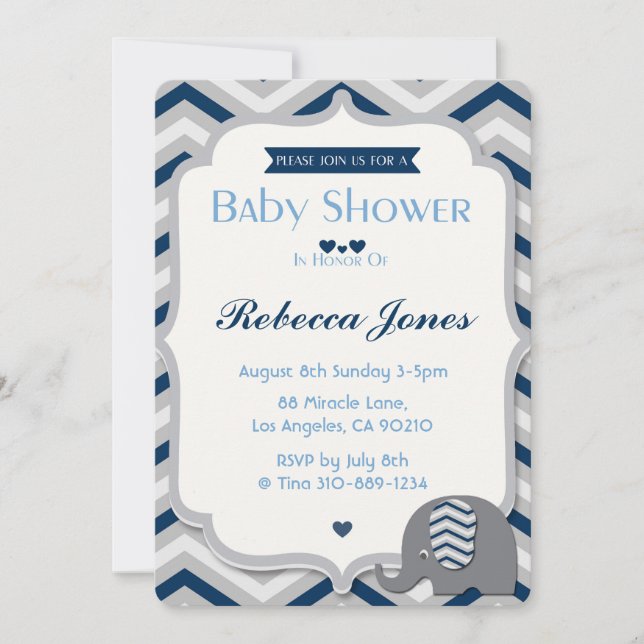 Elephant Baby Shower Invitation Boy Blue Chevron (Front)