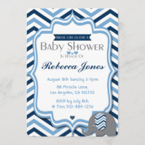 Elephant Baby Shower Invitation Boy Blue Chevron