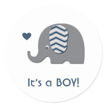 Elephant Baby Shower Invitation Boy Blue Chevron Classic Round Sticker