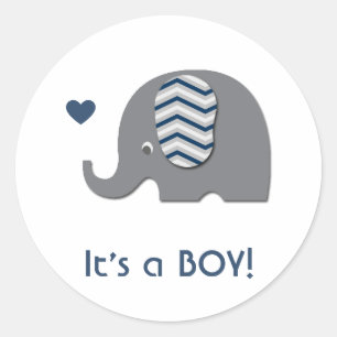 Elephant Baby Shower Invitation Boy Blue Chevron Classic Round Sticker