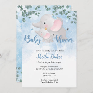 Elephant baby shower invitation boy, Blue elephant
