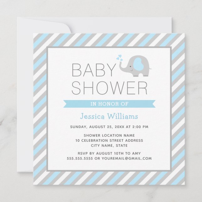 Elephant Baby Shower Invitation Boy - Blue & Gray (Front)