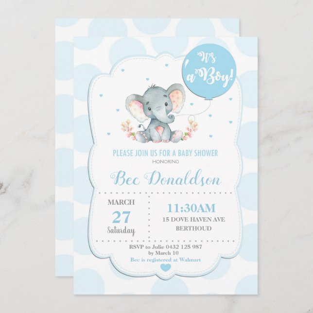 Elephant Baby Shower Invitation Boy Blue Polka Dot (Front/Back)